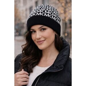 Michael Kors MK Logo Knit Beanie Hat Black White Cuffed Designer Winter Unisex